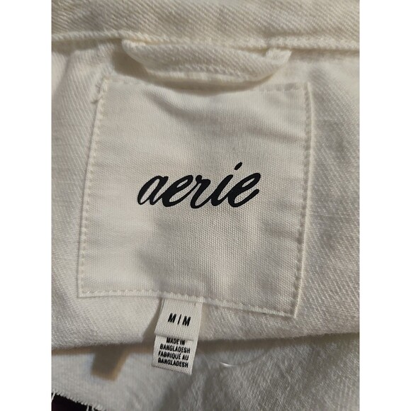 Aerie Ivory Cropped  Medium Raw Hem Boxy Lightweight Jean Jacket Size Medium - Picture 8 of 13